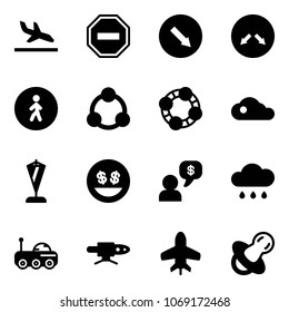 Solid vector icon set - arrival vector, no way road sign, detour, pedestrian, social, friends, cloud, pennant, money smile, dialog, rain, moon rover, pipe welding, toy plane, soother