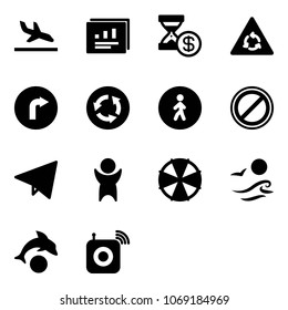 Solid vector icon set - arrival vector, statistics report, account history, round motion road sign, only right, circle, pedestrian way, no parking, paper fly, success, parasol, waves, dolphin