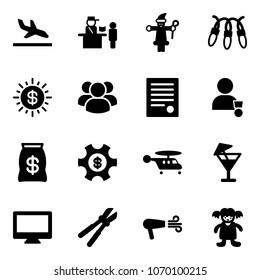 Solid vector icon set - arrival vector, passport control, santa claus, garland, dollar sun, group, agreement, winner, money bag, managemet, helicopter, drink, monitor, bolt cutter, dryer, doll