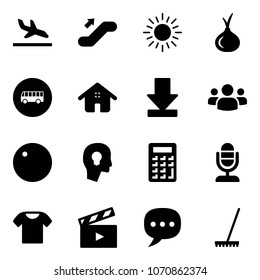 Solid vector icon set - arrival vector, escalator up, sun, onion, bus road sign, home, download, group, record, head bulb, calculator, microphone, t shirt, movie flap, chat, rake