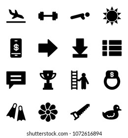 Solid vector icon set - arrival vector, barbell, push ups, sun, mobile payment, right arrow, download, menu, chat, win cup, opportunity, finger ring, flippers, flower, saw, duck toy