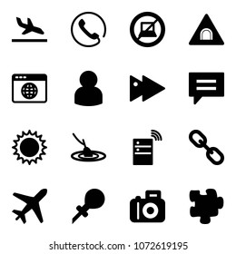 Solid vector icon set - arrival vector, phone, no computer sign, tunnel road, browser globe, user, fast forward, chat, sun, fishing, server wireless, link, plane, oiler, camera, puzzle