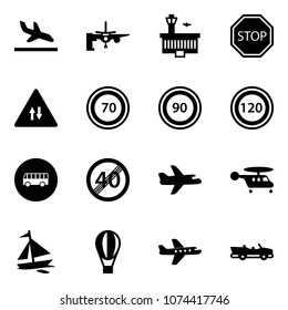 Solid vector icon set - arrival vector, boarding passengers, airport building, stop road sign, oncoming traffic, speed limit 70, 90, 120, bus, end, plane, helicopter, sail boat, air balloon, cabrio