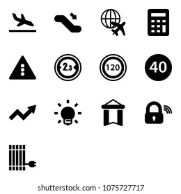 Solid vector icon set - arrival vector, escalator down, plane globe, calculator, traffic light road sign, limited width, speed limit 120, minimal, growth arrow, bulb, pennant, wireless lock