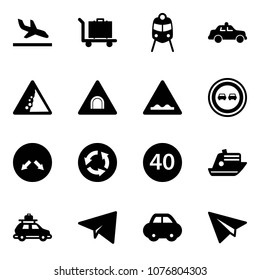 Solid vector icon set - arrival vector, baggage, train, safety car, landslide road sign, tunnel, rough, no overtake, detour, circle, minimal speed limit, cruiser, paper plane