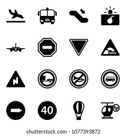 Solid vector icon set - arrival vector, airport bus, escalator down, terrorism, plane, no way road sign, giving, embankment, abrupt turn right, trailer, horn, only, minimal speed limit, air balloon