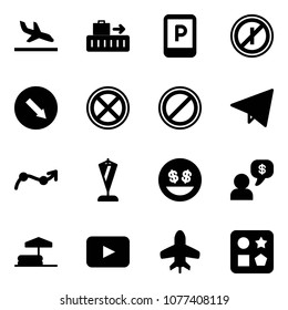 Solid vector icon set - arrival vector, baggage, parking sign, no parkin odd, detour road, stop, paper fly, chart point arrow, pennant, money smile, dialog, inflatable pool, playback, toy plane