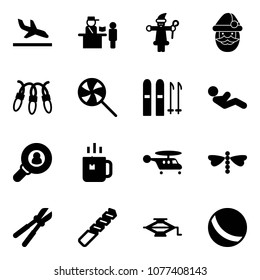 Solid vector icon set - arrival vector, passport control, santa claus, garland, lollipop, ski, abdominal muscles, head hunter, green tea, helicopter, dragonfly, bolt cutter, drill, jack, ball