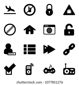 Solid vector icon set - arrival vector, no mobile sign, lock, tunnel road, limit, home, browser globe, unlocked, user password, menu, fast forward, link, check, music player, gamepad, radio