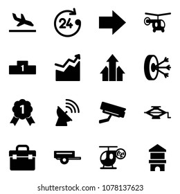 Solid vector icon set - arrival vector, 24 hours, right arrow, helicopter, pedestal, growth, arrows up, solution, gold medal, satellite antenna, surveillance camera, jack, tool box, trailer, toy