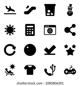 Solid vector icon set - arrival vector, escalator up, trash, snowman, sun, calculator, browser globe, share, reload, record, check, stars, beach, t shirt, phone, gamepad