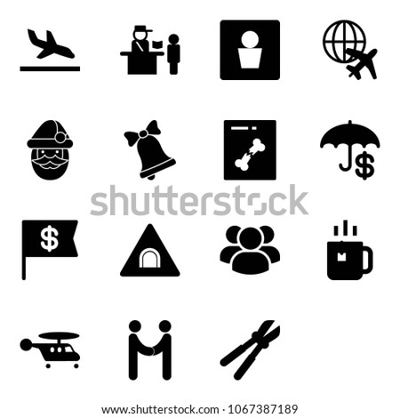 Solid vector icon set - arrival vector, passport control, male wc, plane globe, santa claus, bell, x ray, insurance, dollar flag, tunnel road sign, group, green tea, helicopter, agreement