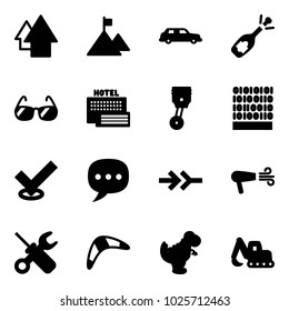 Solid vector icon set - arrow up vector, mountain, limousine, fizz opening, sunglasses, sea hotel, piston, binary code, check, chat, connect, dryer, wrench screwdriver, boomerang, dinosaur toy