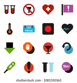 solid vector icon set - arrow down vector, heart pulse, no alcohol sign, cross, attention, glass, rec button, thermometer, vial, undo, stop, low price signboard, new
