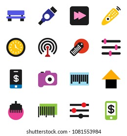 solid vector icon set - arrow up vector, clock, barcode, camera, antenna, remote control, forward button, hdmi, equalizer, lan connector, bench, tap pay