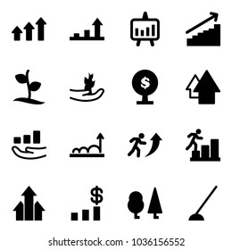 Solid vector icon set - arrows up vector, growth arrow, presentation chart, sproute, hand, money tree, career, dollar, forest, hoe