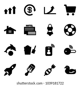 Solid vector icon set - arrows up vector, dollar reload, growth arrow, cart, home, sea hotel, swimsuit, lifebuoy, dolphin, bucket scoop, identity card, wireless key, rocket, beanbag, dart, toy duck