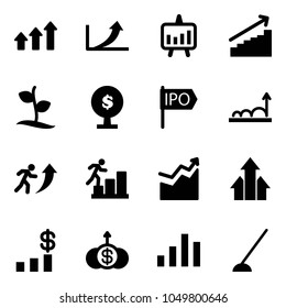 Solid vector icon set - arrows up vector, growth arrow, presentation chart, sproute, money tree, ipo, career, dollar, hoe