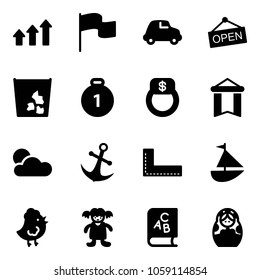 Solid vector icon set - arrows up vector, flag, car, open, garbage, gold medal, finger ring, pennant, anchor, corner ruler, sailboat toy, chicken, doll, abc book, russian