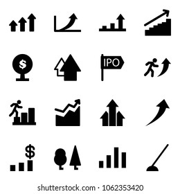 Solid vector icon set - arrows up vector, growth arrow, money tree, ipo, career, dollar chart, forest, hoe