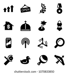 Solid vector icon set - arrows up vector, open, golden branch, star medal, home dollar, crown, palm, swimsuit, drink, antenna, wind mill, magnifier, Angular grinder, duck toy, beanbag, bow