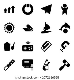 Solid vector icon set - arrows up vector, standby, paper fly, success, sun, mat, windsurfing, dolphin, bucket scoop, joystick wireless, trowel, clamp, drill, jig saw, winch, toy hammer