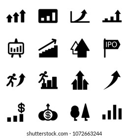 Solid vector icon set - arrows up vector, statistics, growth arrow, presentation chart, ipo, career, dollar, forest