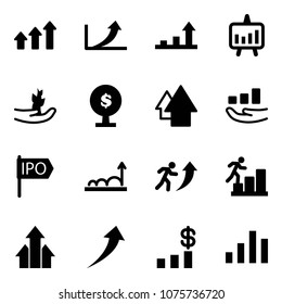 Solid vector icon set - arrows up vector, growth arrow, presentation chart, hand sproute, money tree, ipo, career, dollar