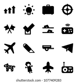 Solid vector icon set - arrows up vector, bulb, case, target, flags cross, check, flip flops, joystick wireless, plane, work knife, trailer, paper, toy horse, doll, radio