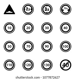 Solid vector icon set - artificial unevenness vector road sign, limited width, height, distance, speed limit 10, 20, 30, 40, 50, 70, 90, 100, 110, 120, 130, end
