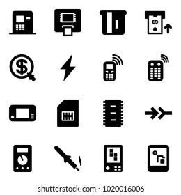 Solid vector icon set - atm vector, money click, lightning, mobile phone, remote control, game console, sim, chip, connect, multimeter, soldering iron