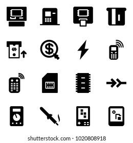 Solid vector icon set - atm vector, money click, lightning, mobile phone, remote control, sim, chip, connect, multimeter, soldering iron, game console