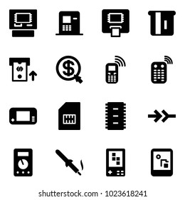 Solid vector icon set - atm vector, money click, mobile phone, remote control, game console, sim, chip, connect, multimeter, soldering iron
