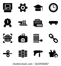 Solid vector icon set - atm vector, gear, graduate hat, time, gold medal, pool, sea hotel, skateboard, fingerprint scanner, camera, sun panel, link, steel rolling, carbon, drill machine