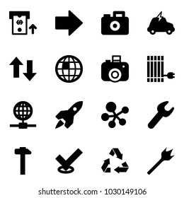 Solid vector icon set - atm vector, right arrow, camera, electric car, up down arrows, globe, sun panel, rocket, molecule, wrench, hammer, check, recycling, wood drill