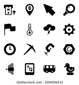 Solid vector icon set - atm vector, dollar pin, cursor, magnifier, flag, thermometer, storm, gear, clock, axe, clamp, nut, allen key set, game console, toy bus, duck