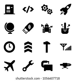 Solid vector icon set - atm vector, tag code, gears, rocket, globe, usb wi fi, robot, casting of steel, clock, chevron, hammer, fine signal, plane, wrench, machine tool, pipe welding