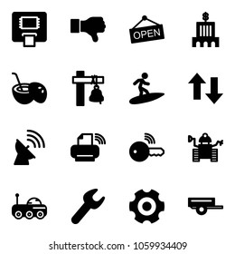 Solid vector icon set - atm vector, dislike, open, bank building, coconut cocktail, ship bell, surfing, up down arrows, satellite antenna, printer wireless, key, robot, moon rover, wrench, gear