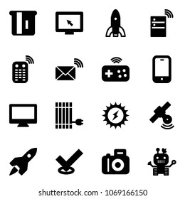 Solid vector icon set - atm vector, monitor cursor, rocket, server wireless, remote control, mail, joystick, mobile phone, sun panel, power, satellite, check, camera, robot