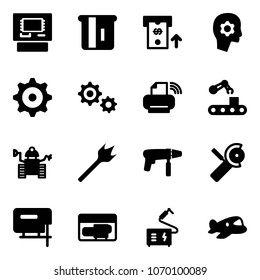 Solid Vector Icon Set - Atm Vector, Brain Work, Gear, Printer Wireless, Conveyor, Robot, Wood Drill, Machine, Angular Grinder, Jig Saw, Generator, Welding, Plane Toy