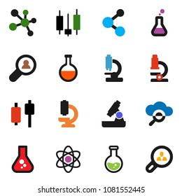 solid vector icon set - atom vector, microscope, flask, japanese candle, molecule, cloud glass, client search