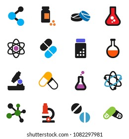 solid vector icon set - atom vector, microscope, flask, pills vial, molecule