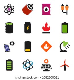 solid vector icon set - atom vector, table lamp, enegry drink, flammable, oil barrel, battery, rca, solar panel, windmill