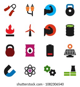 solid vector icon set - atom vector, magnet, weight, hand trainer, muscule, flammable, oil barrel, battery, gear, solar panel, windmill, factory