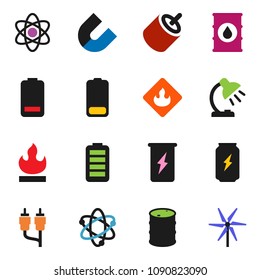 solid vector icon set - atom vector, table lamp, magnet, enegry drink, flammable, oil barrel, battery, rca, windmill