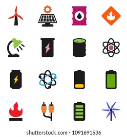 solid vector icon set - atom vector, table lamp, enegry drink, flammable, oil barrel, battery, rca, solar panel, windmill