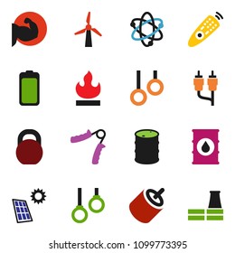solid vector icon set - atom vector, weight, hand trainer, muscule, gymnast rings, flammable, oil barrel, remote control, battery, rca, solar panel, windmill, factory