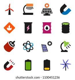 solid vector icon set - atom vector, table lamp, magnet, enegry drink, flammable, oil barrel, battery, rca, solar panel, windmill