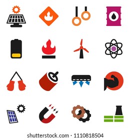 solid vector icon set - atom vector, magnet, muscle hand, boxing glove, gymnast rings, flammable, oil barrel, battery, rca, gear, solar panel, windmill, air conditioner, factory