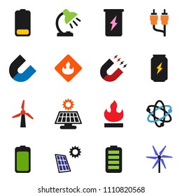 solid vector icon set - atom vector, table lamp, magnet, energy drink, flammable, battery, rca, solar panel, windmill